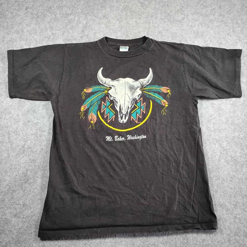 Vintage Alore Mt Baker Washington‎ Bull Skull Feather Graphic T-Shirt Mens Large
